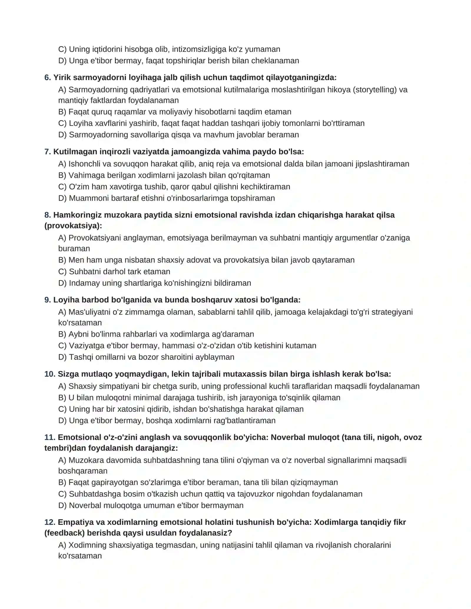 YUQORI BOʻGʻIN RAHBARLARI UCHUN EMOTSIONAL INTELLEKT (EQ) VA ISHONTIRISH SAN'ATI DIAGNOSTIK TESTI 2