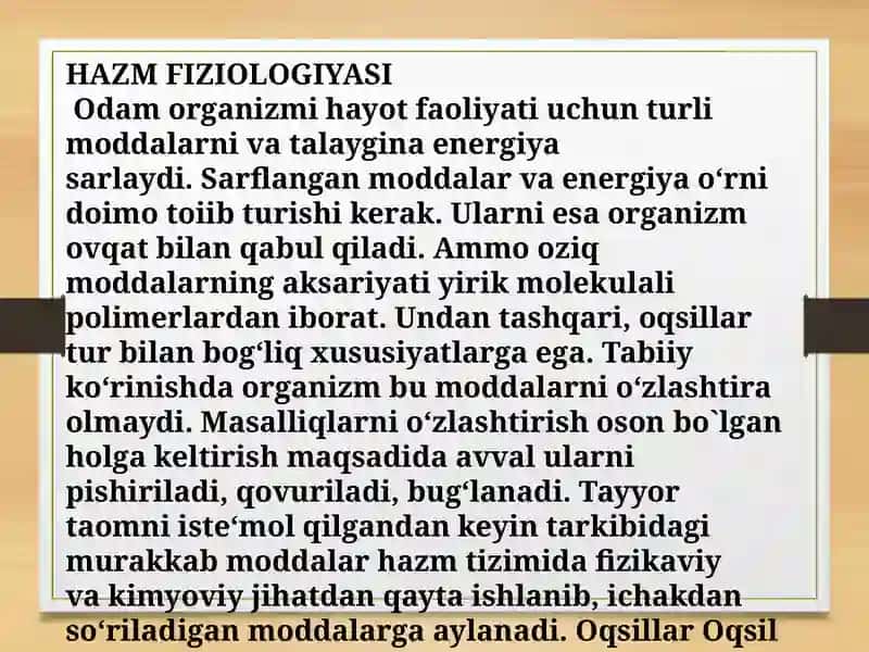 Hazm tizimi faoliyati. Oģiz bòshliģi va medada ovqat hazm bòlishi 2