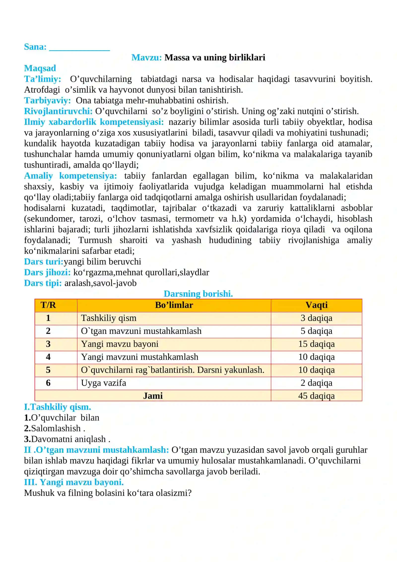 3-sinf Tabiiy fan (Science) Massa va uning birliklari dars ishlanma 2
