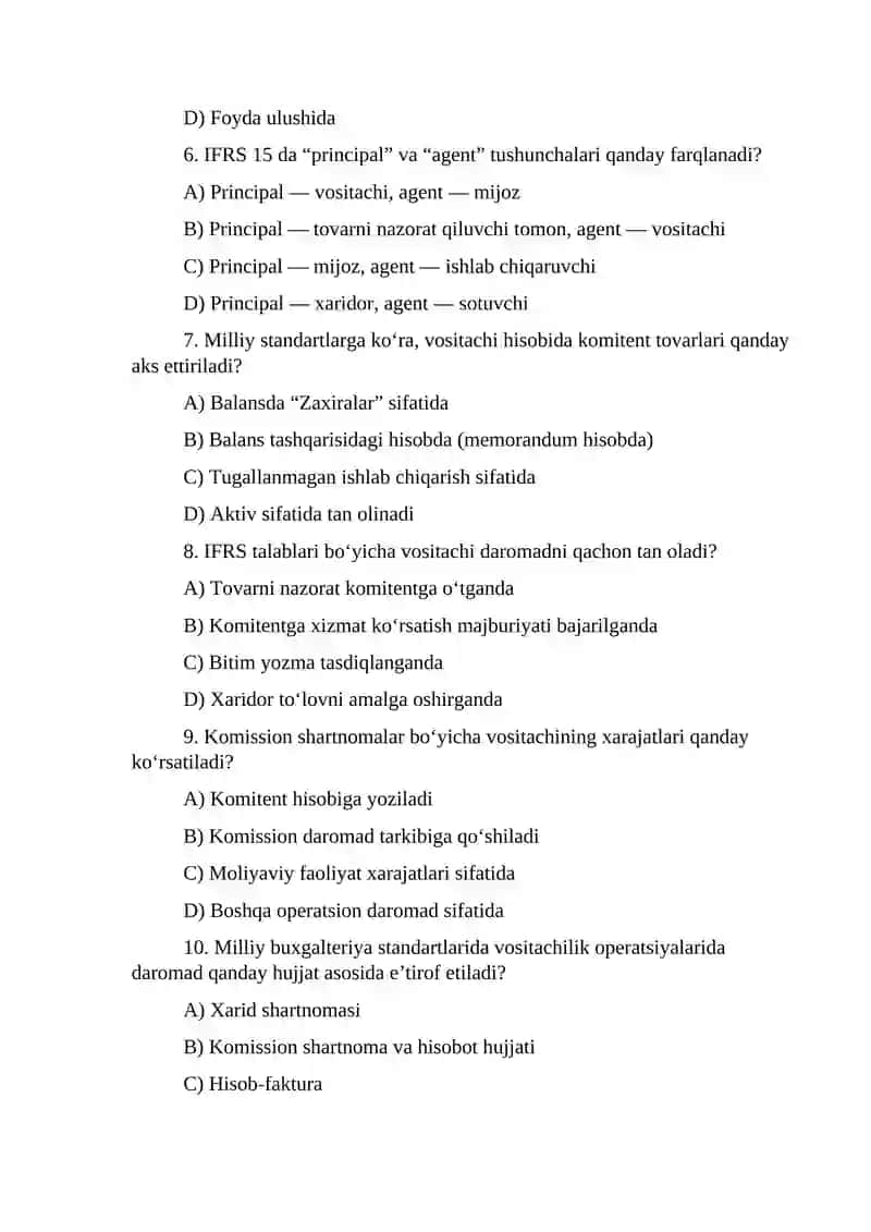 Vositalik (agentlik) xizmatlari hisobini yuritishda milliy standartlar va IFRS talablari: Komission shartnomalar bo‘yicha farqlar 2