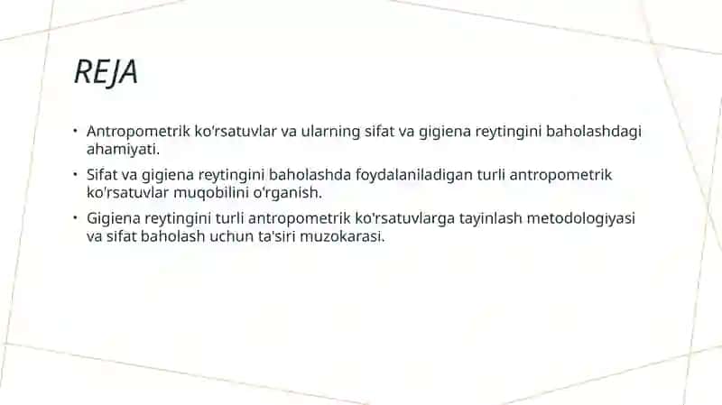 Antropometrik koʻrsatgichlarni aniqlab me'yor bilan taqqoslash va unga gigiyenik baho berish 2