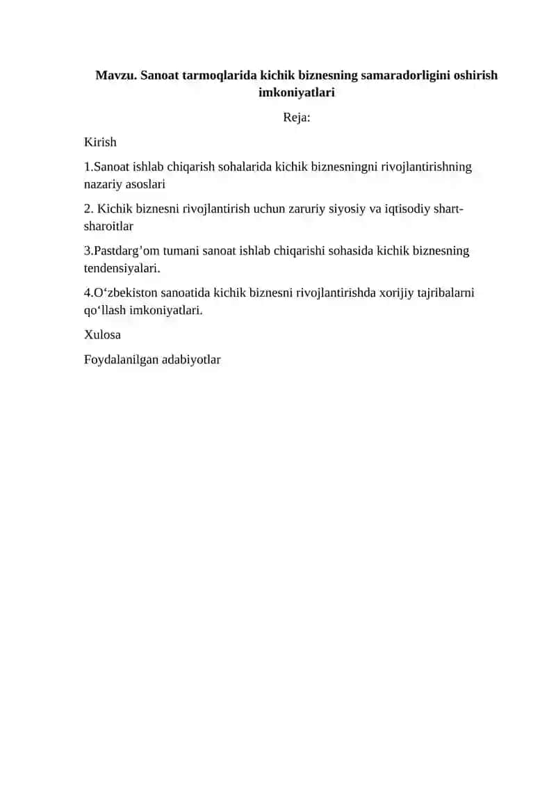 “Sanoat tarmoqlarida kichik biznesning samaradorligini oshirish imkoniyatlari” mavzusida ilmiy ish 2