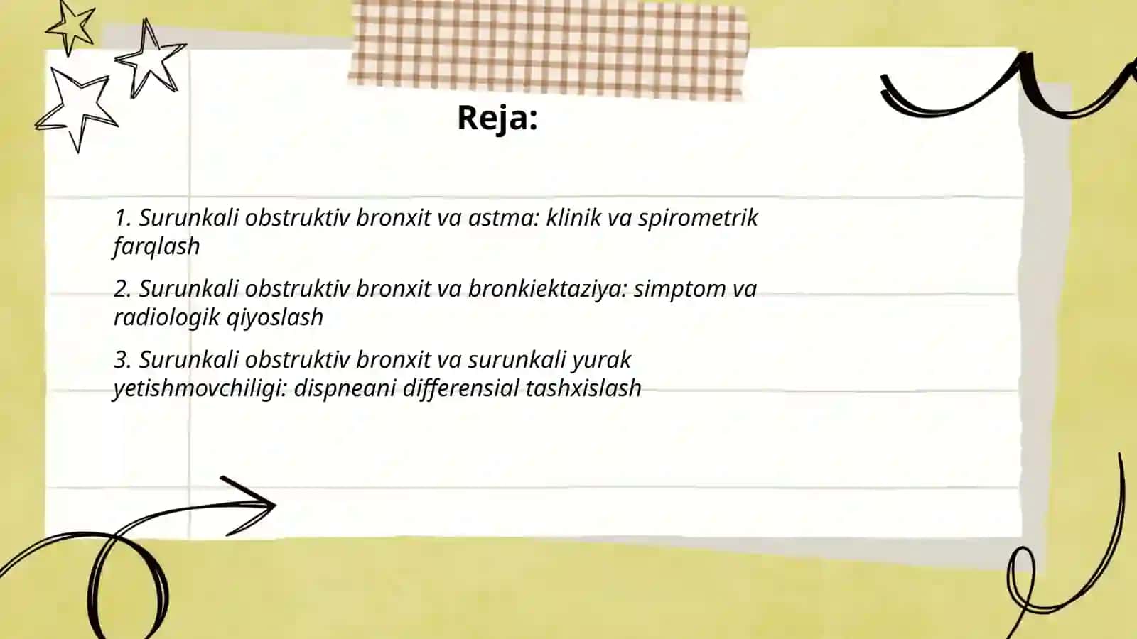 Surunkali obsturuktib bronxit qiyosiy tashxislash. Nafas yetishmovchiligi. Oilaviy shifokor taktikasi 2