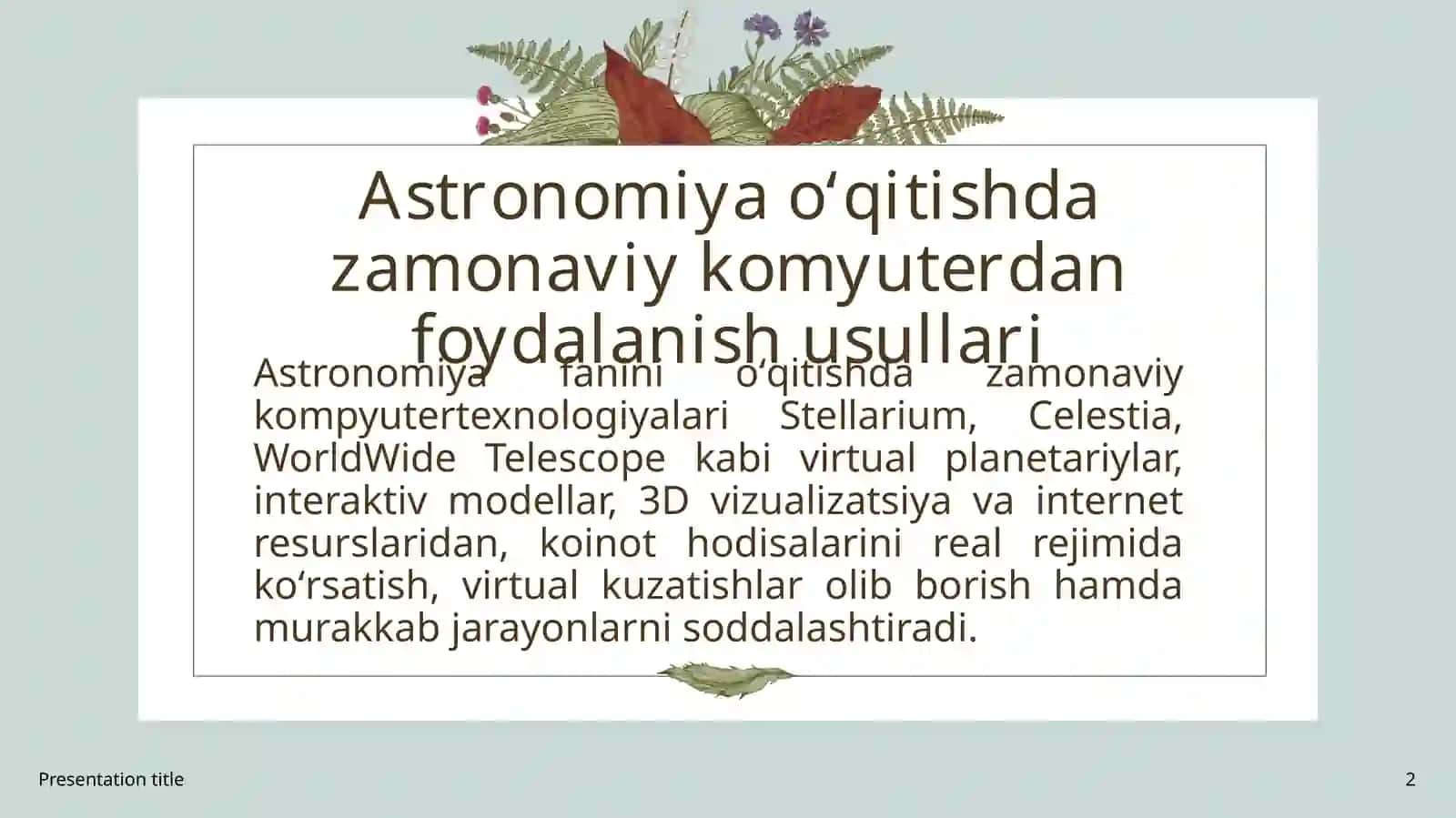 Amaliyastronomiya asoslari ‘‘bobi ni o‘qitish metodikasi’’ 2