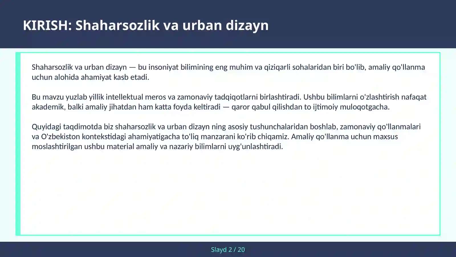 Shaharsozlik va urban dizayn 2