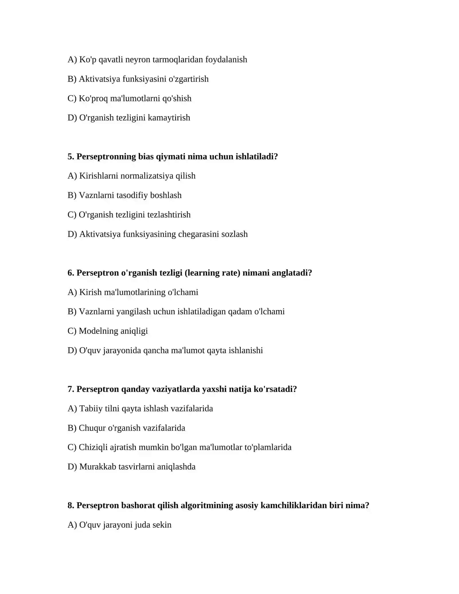 Eng sodda perseptronlar yordamida bashoratlash algoritmini ishlab chiqish 2
