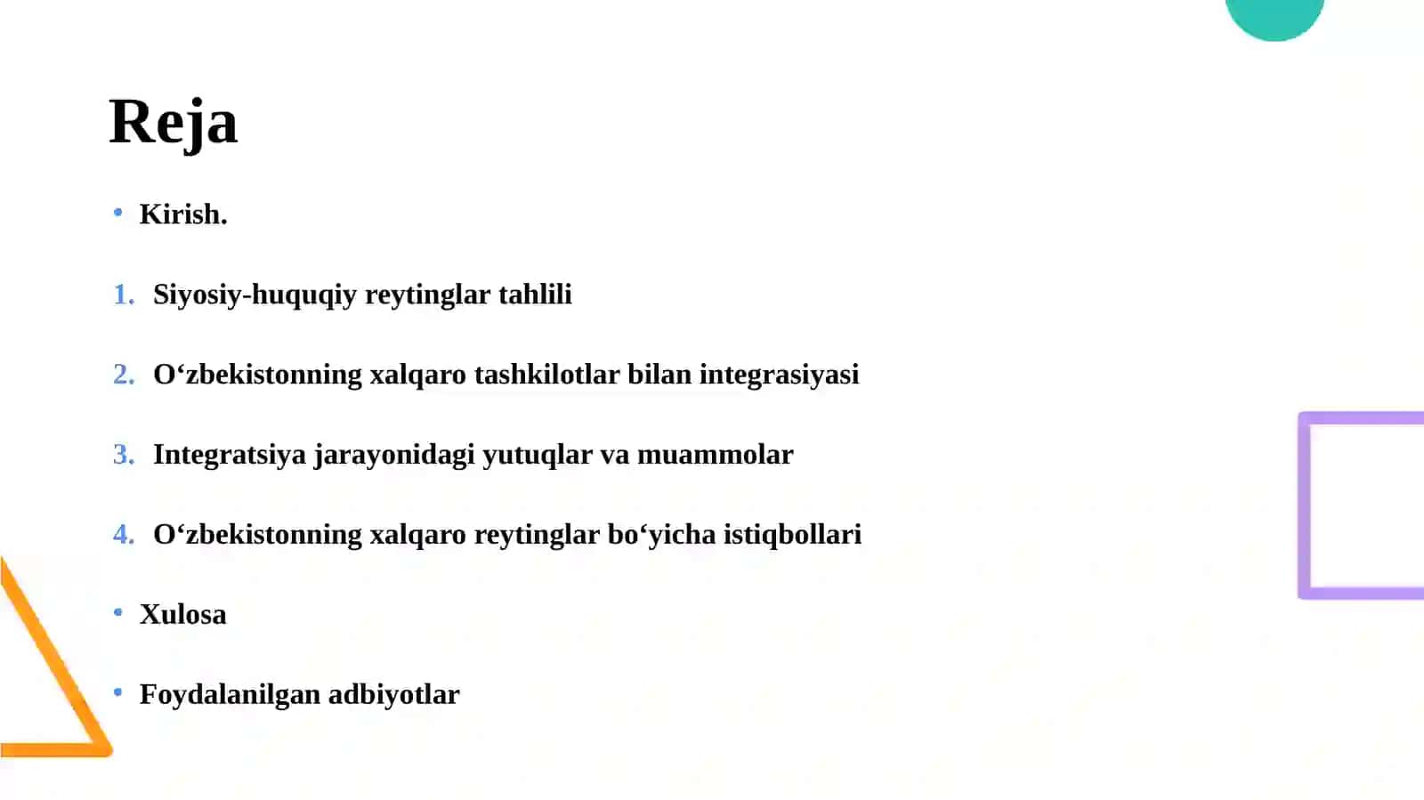 Siyosiy-huquqiy sohadagi ustuvor halqaro reytinglar va ularga O‘zbekistonning integratsiyalashuvi 2