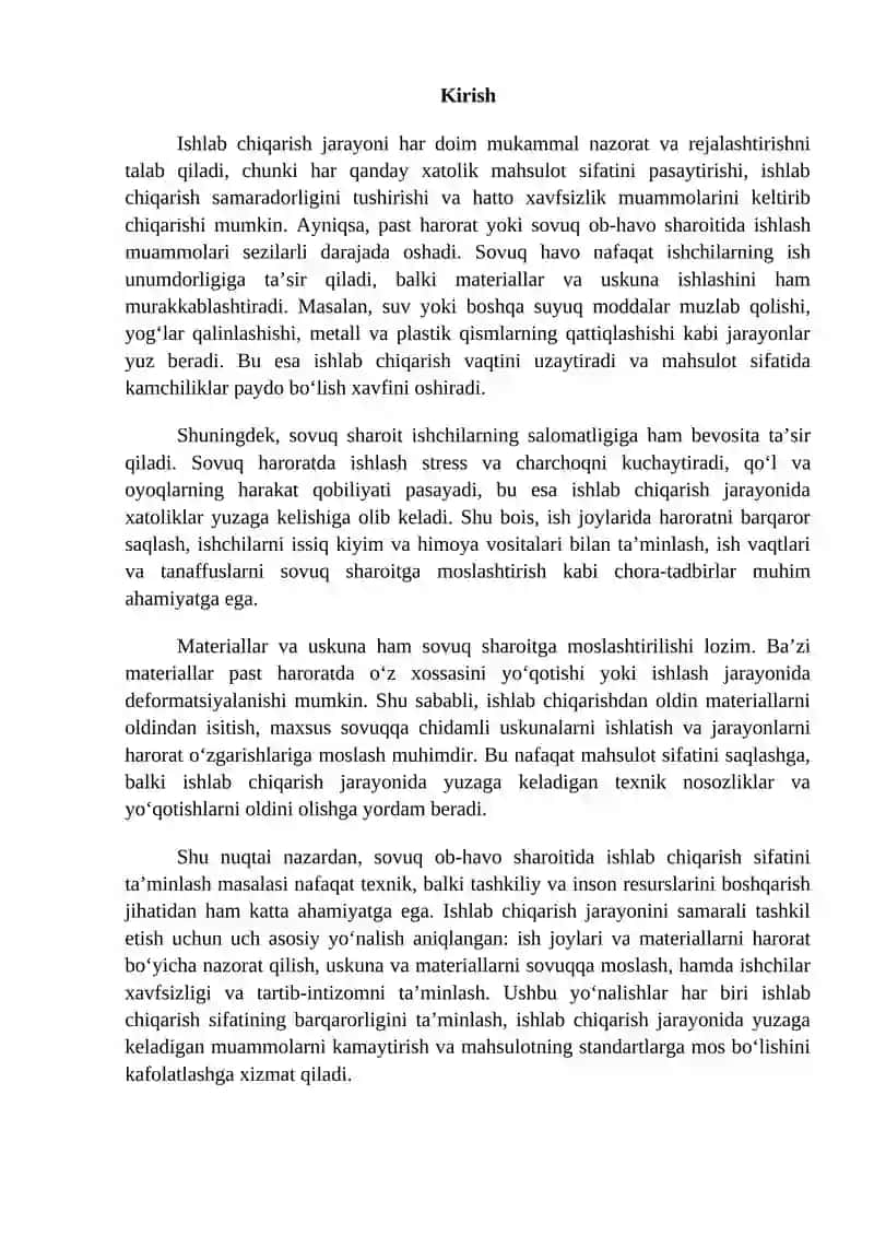 Past yoki sovuq ob-havo sharoitlarda ishlab chiqarish sifatini ta’minlashning o’ziga xos xususiyatlari 2