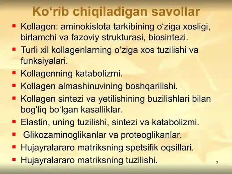 Biokimyo fanidan Biriktiruvchi toʻqima biokimyosi mavzusida prezentatsiya toʻliq 2
