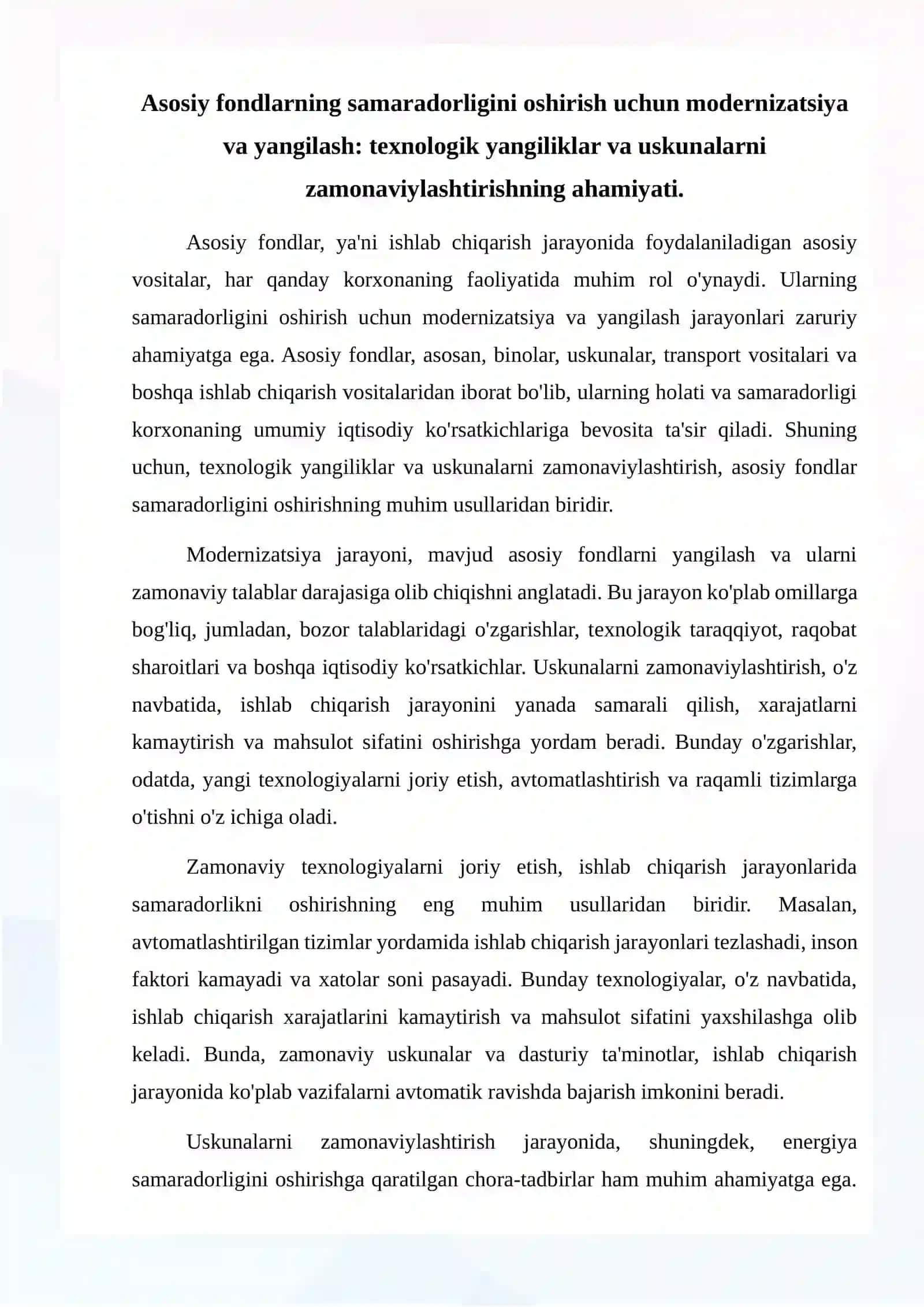 Asosiy fondlardan foydalanish samaradorligini oshirish usullari 2