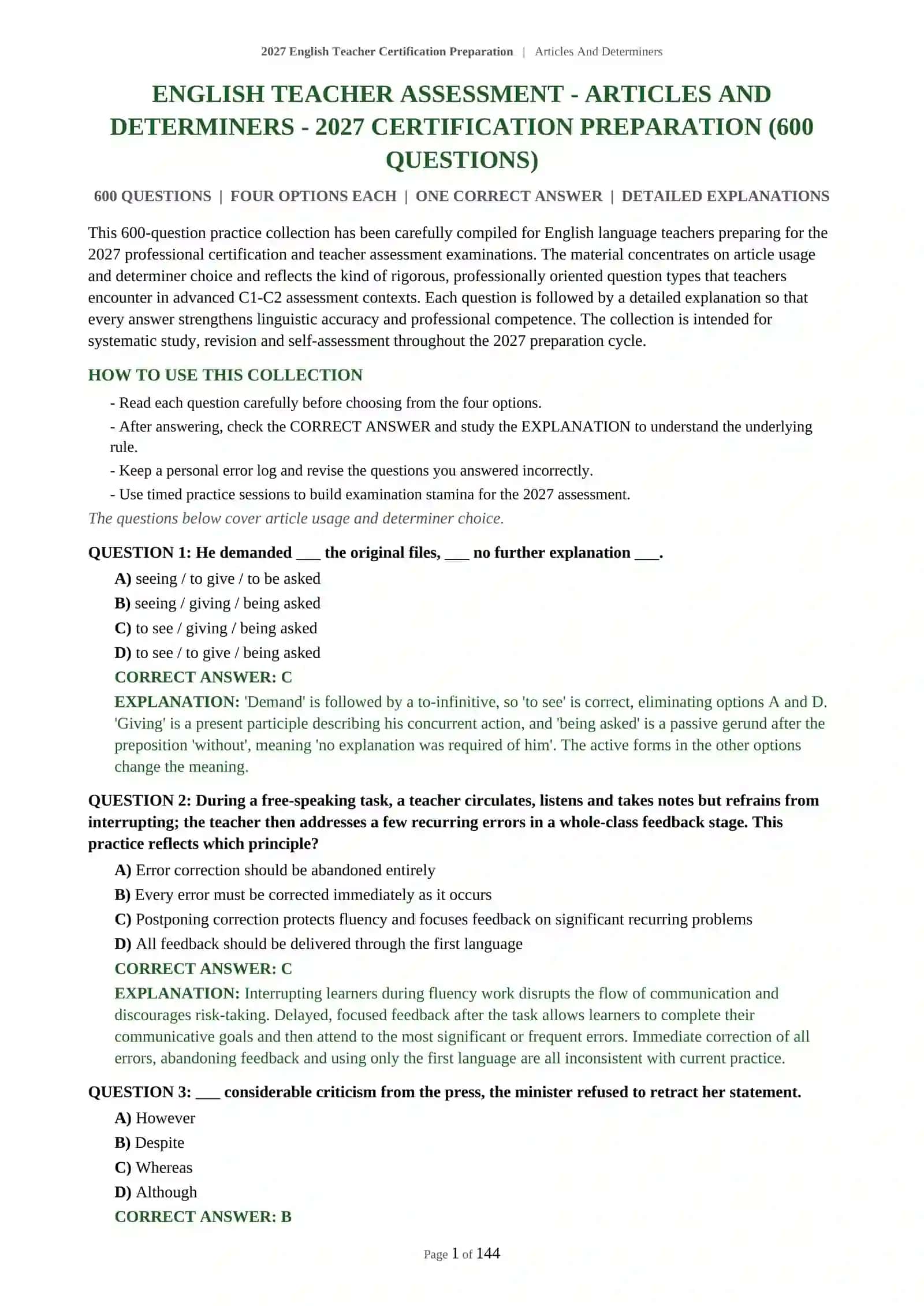 ENGLISH TEACHER CERTIFICATION PREPARATION | ARTICLES AND DETERMINERS 2
