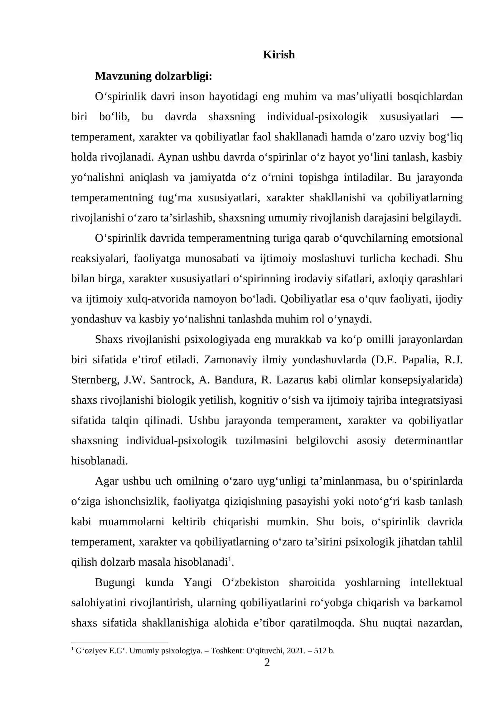 Yosh davrlarida shaxs rivojlanishida temperament,xarakter, va qobiliyatlarning oʻzaro taʼsiri. Oʻspirinlik davri misolida 2