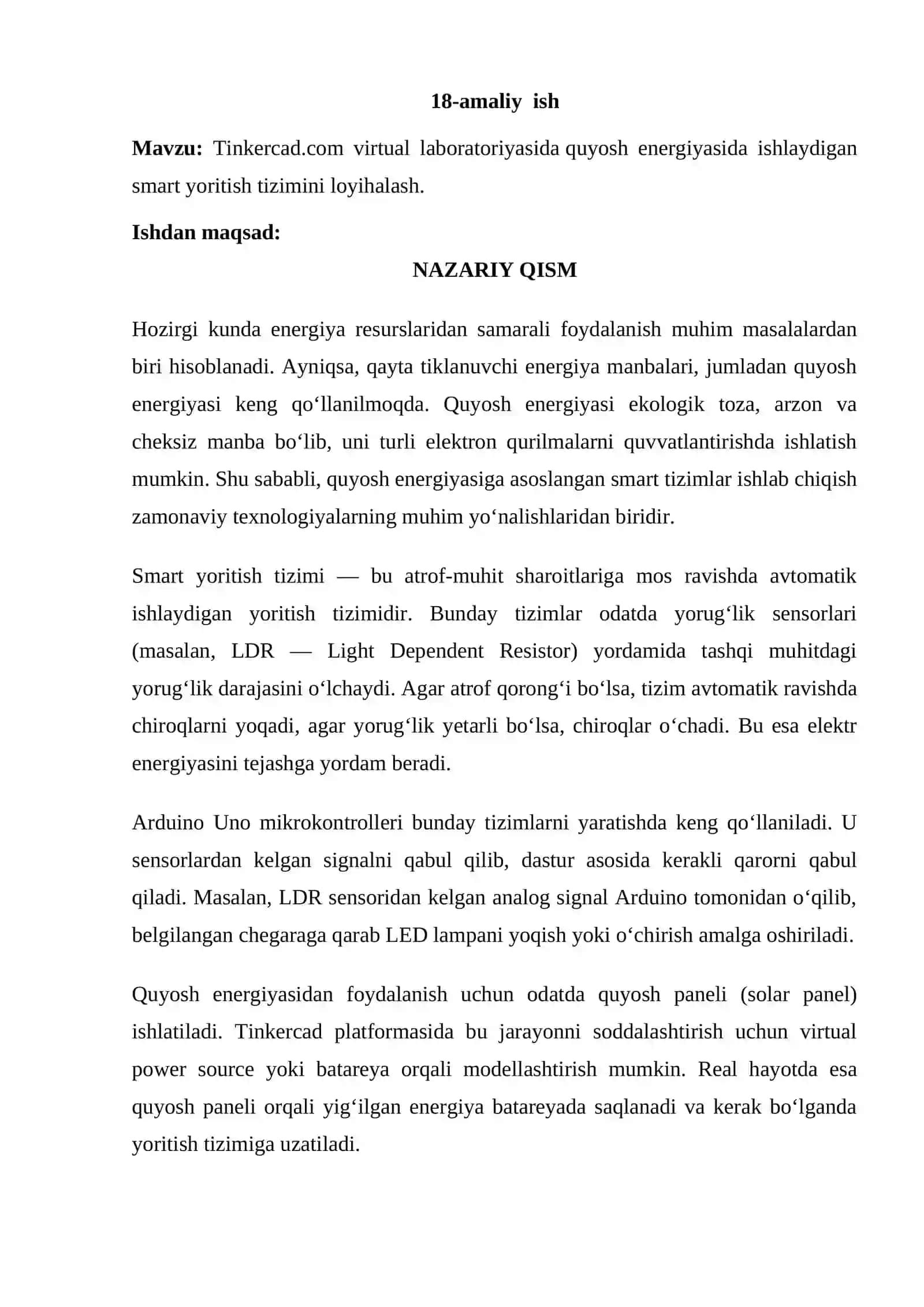 Tinkercad.com virtual laboratoriyasida quyosh energiyasida ishlaydigan smart yoritish tizimini loyihalash 2