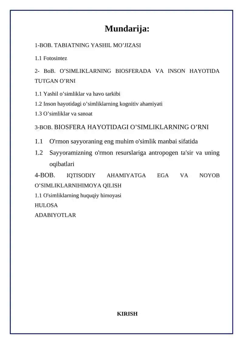 O'simliklarning inson hayotida tutgan o'rni va biosferadagi ahamiyati. 2