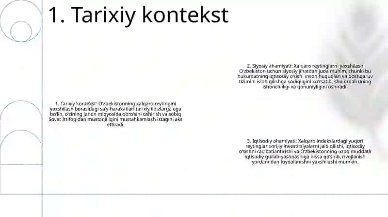 O'Zbekistonni Xalqaro Reytinglardagi Ko'Rsatkichlarini Ko'Tarishning Tarixiy Va Siyosiy Ahamiyati 2