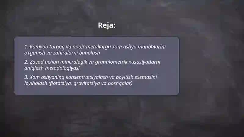 KAMYOB TARQOQ VA NODIR METALLAR ISHLAB CHIQARISH KORXONALARNI texnologik sxemasini loyihalash 2