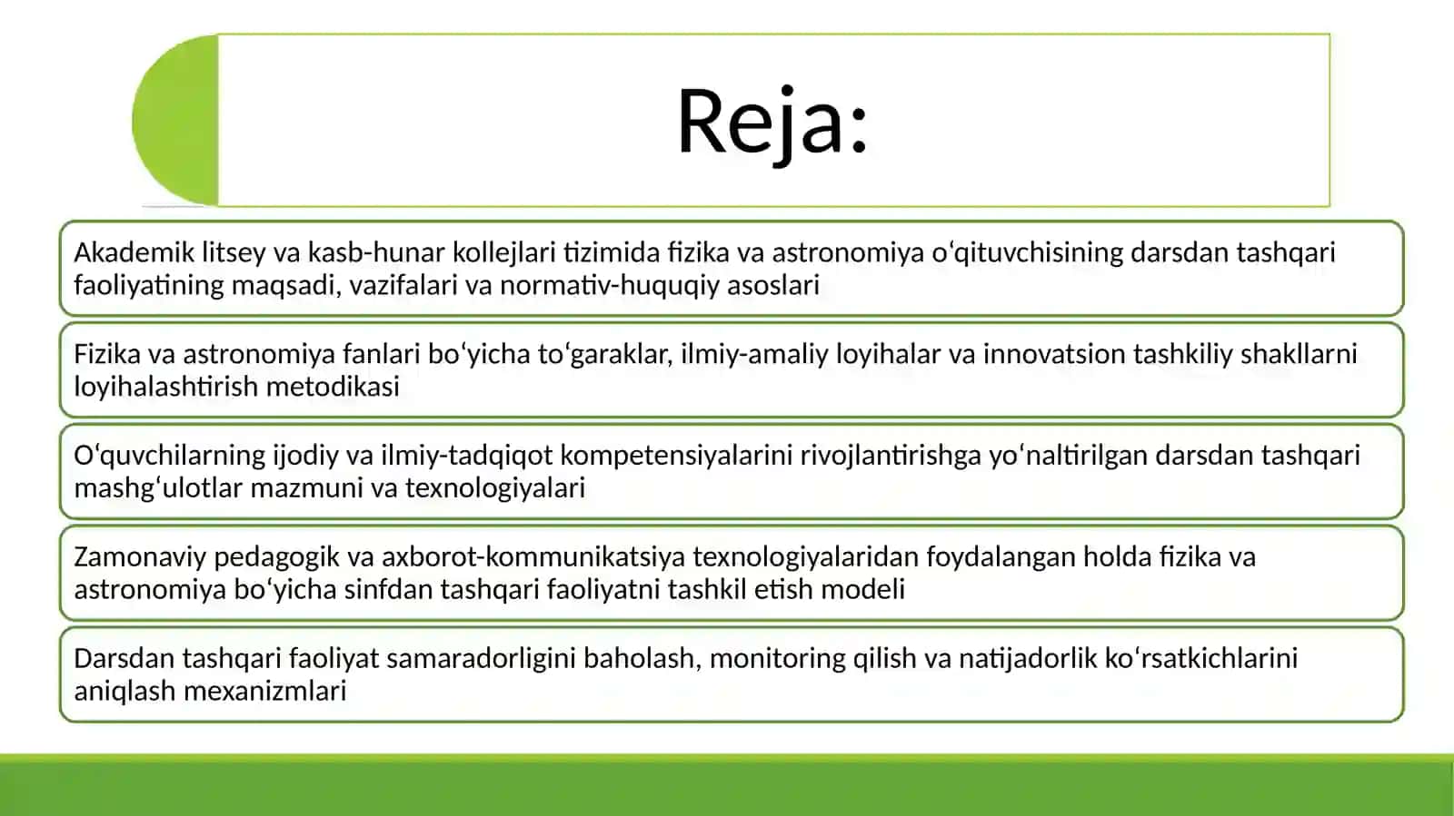 Akademik litsey va kasb-hunar kollejlari fizika va astronomiya o'qituvchisining darsdan tashqari faoliyatini loyihalashtirish 2