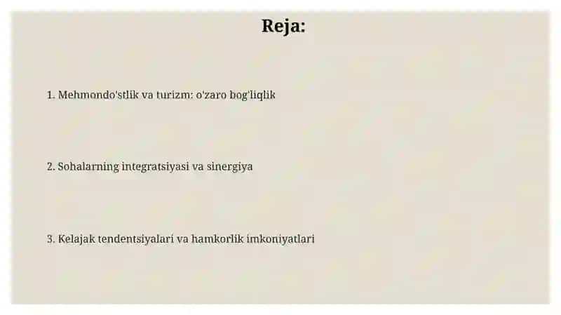 OʻZBEKISTON RESPUBLIKASI OLIY TA’LIM, FAN VA INNOVATSIYALAR VAZIRLIGI Turizm va mehmondoʻstlik 24.2-guruh 2-kurs 2