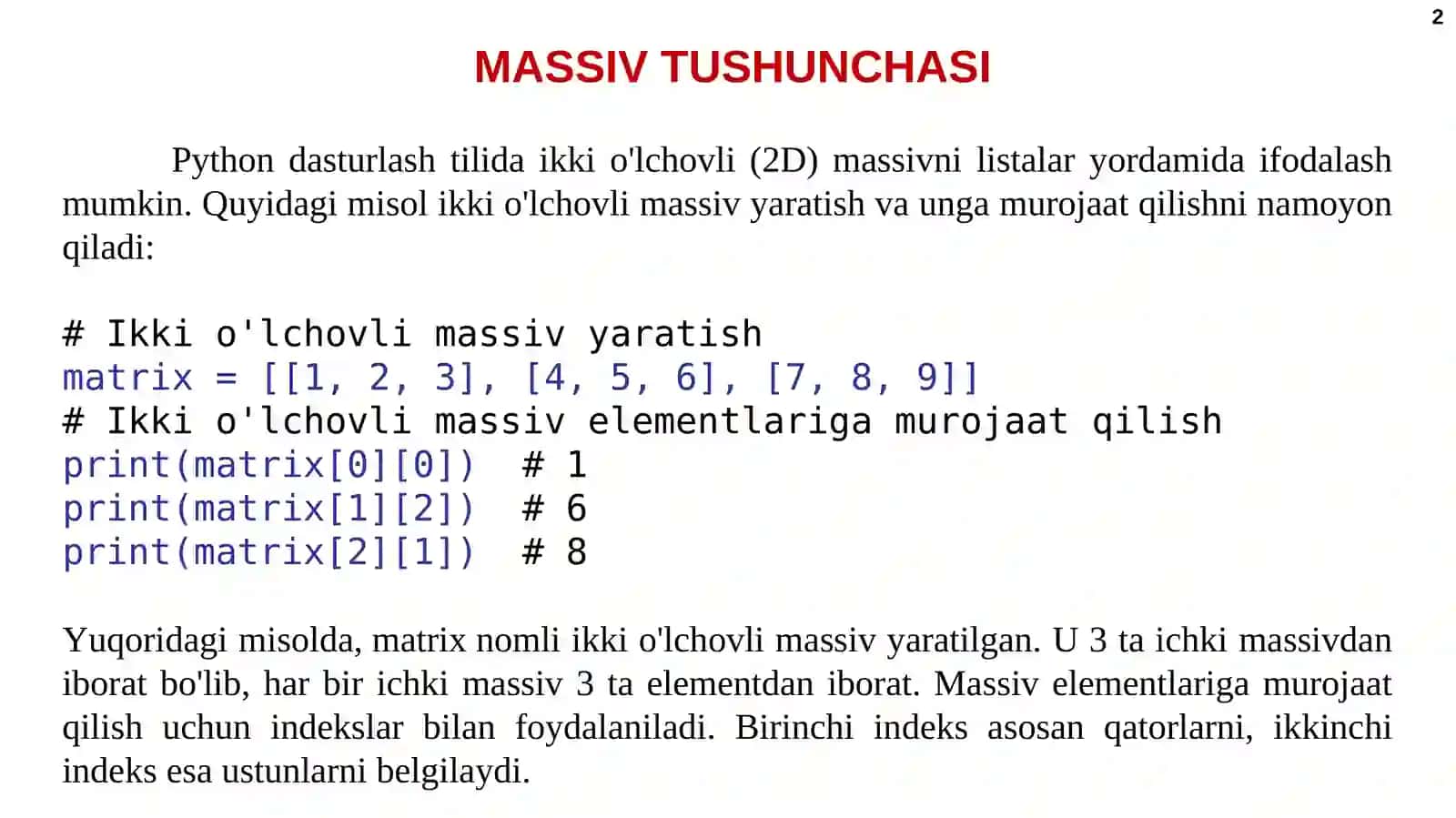 Bir va ko‘p o‘lchovli massivlar bilanishlovchi kutubxona modullari 2