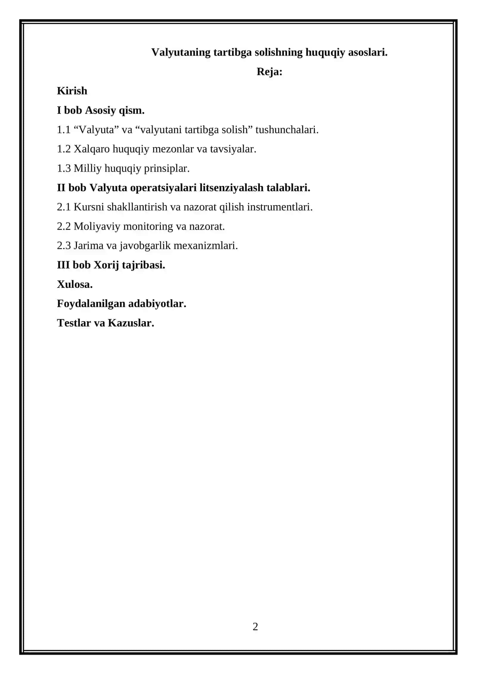 Valyutaning tartibga solishning huquqiy asoslari.I 2