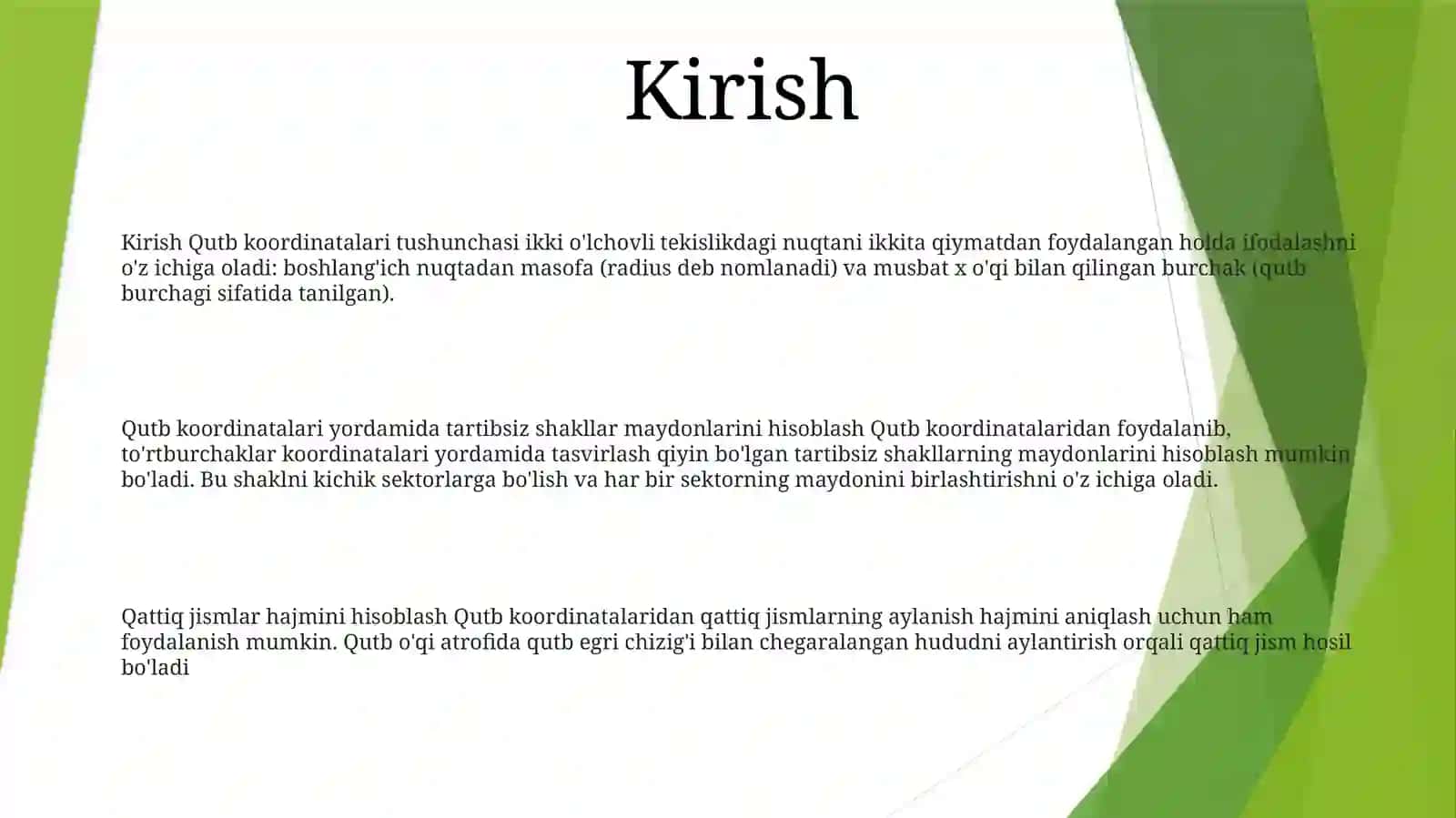 Yassi Shakllar Yuzlarini Dekar Va Qutb Koordinatalarida Hisoblash.Jismning Hajimni Hisoblash 2
