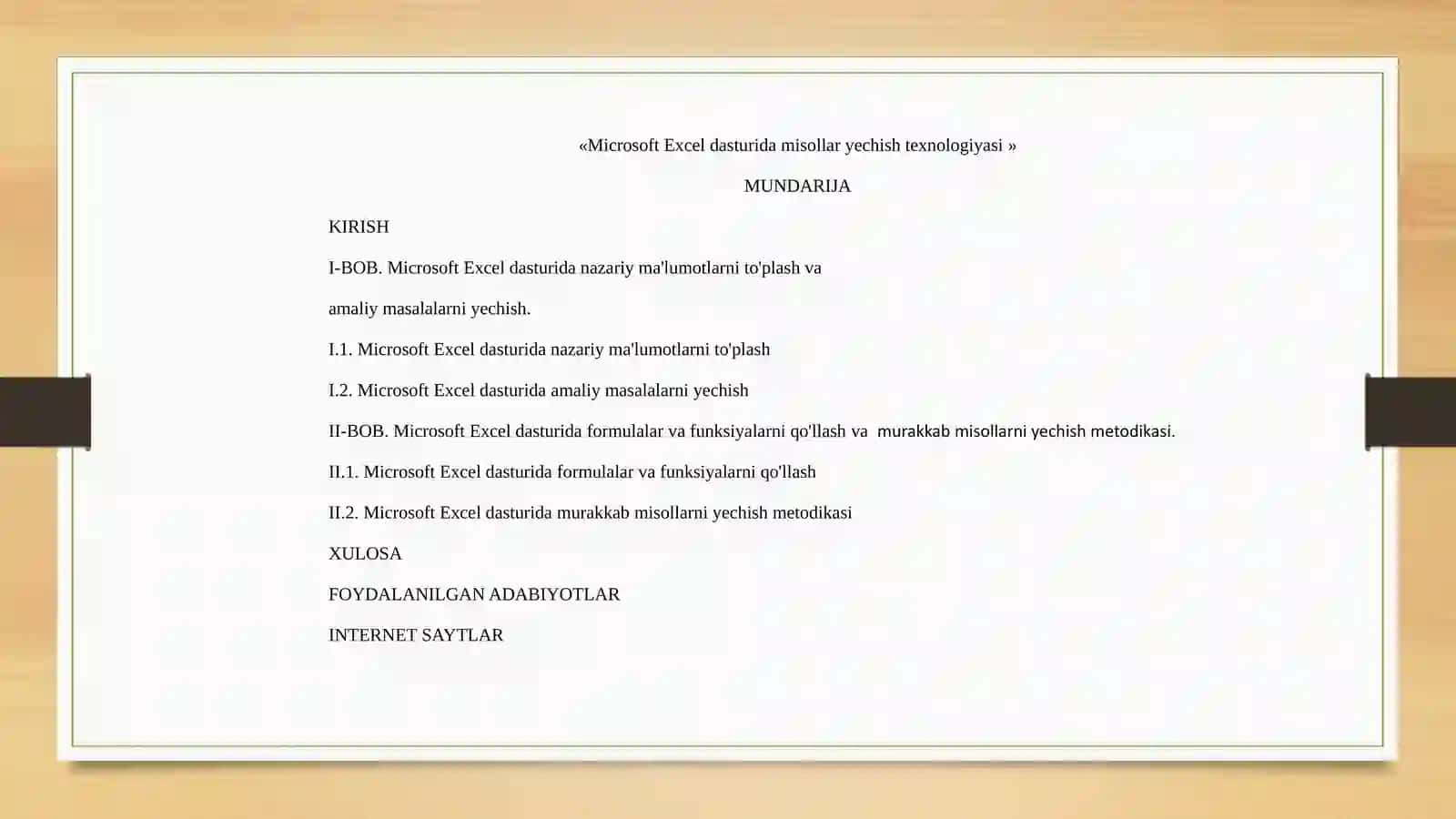 Microsoft Excel dasturida misollar yechish texnologiyasi 2