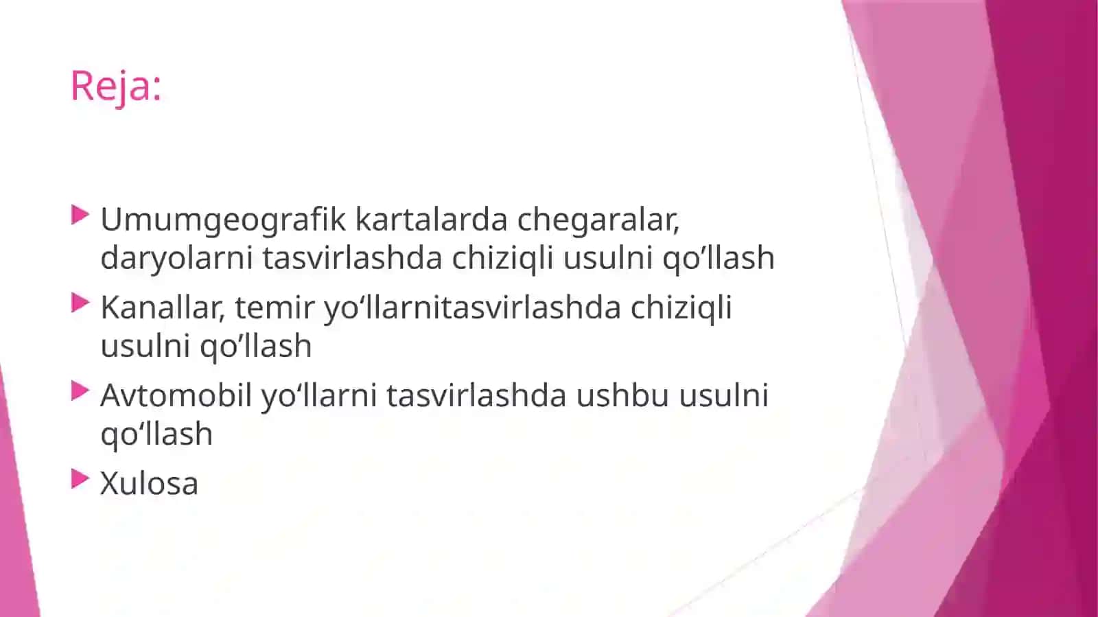 Umumgeografik kartalarda chegaralar, daryolar, kanallar, temir yo‘llar va avtomobil yo‘llarni tasvirlashda ushbu usulni qo‘llash 2