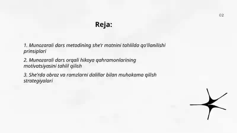 Badiiy asar matni tahlili (she'r, hikoya matnini tahlil qilishda munozarali dars metodidan foydalanish) 2