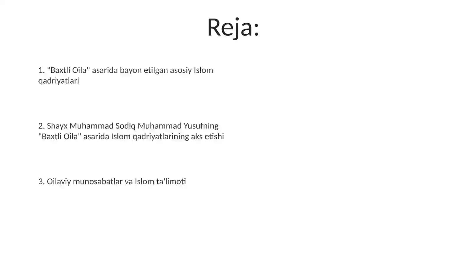 Shayx Muxammad Sodiq Muxammad Yusufning "Baxtli oila" asarida islom qadriyatlarining talqini haqida 2