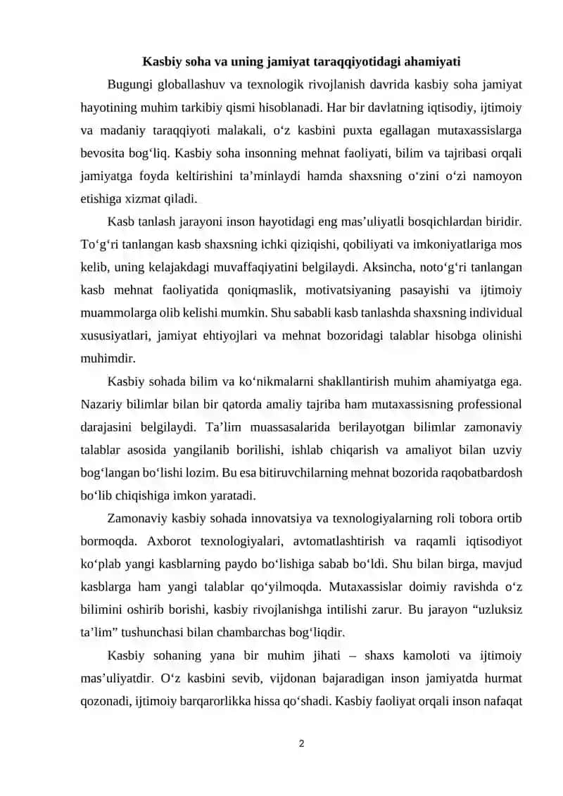 Kasbiy soha va uning jamiyat taraqqiyotidagi ahamiyati 2
