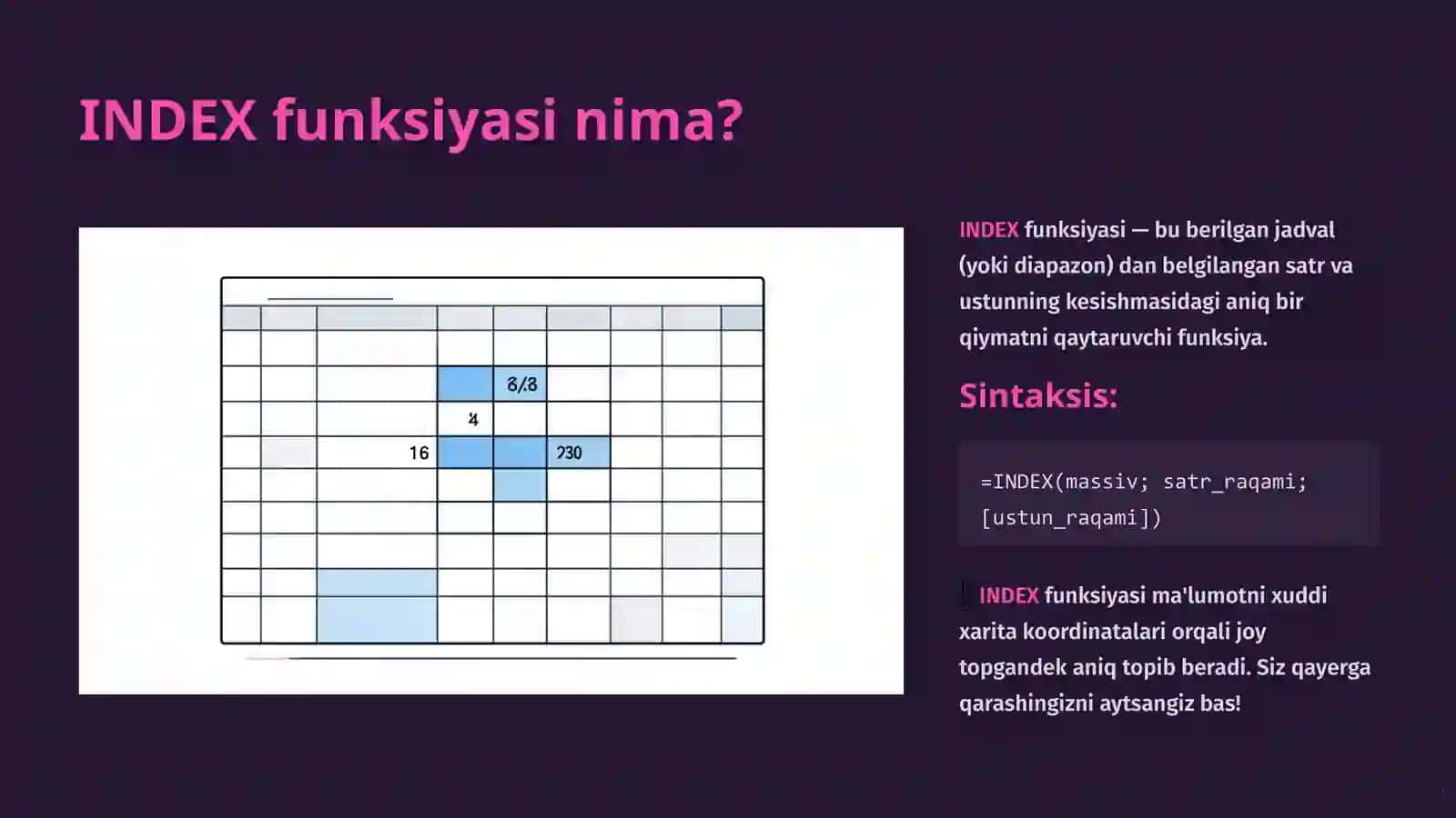 Excel: INDEX va MATCH Funksiyalari 2