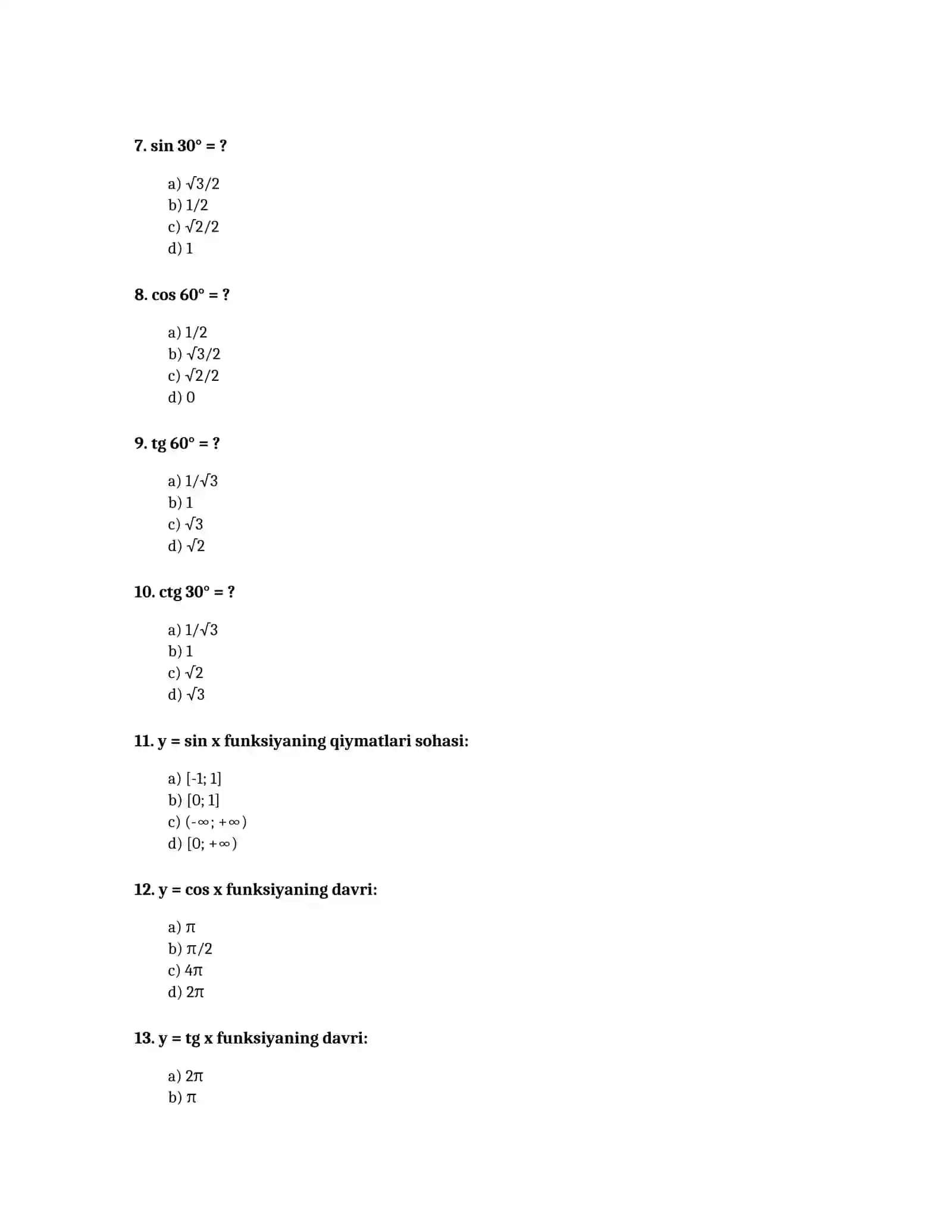 9-SINF MATEMATIKA FANI BO'YICHA TEST SAVOLLARI 2
