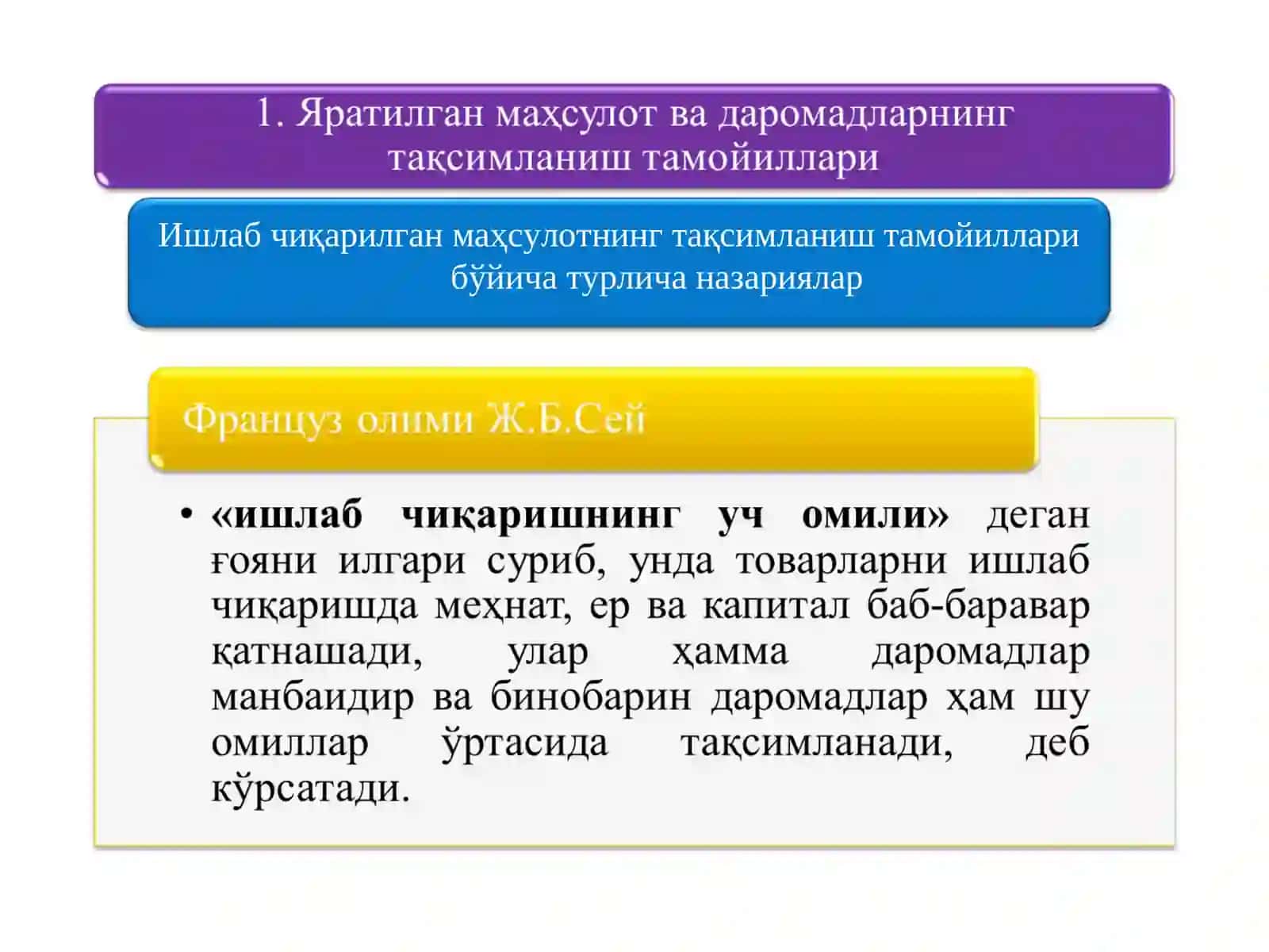 Ишлаб чиқарилган маҳсулотнинг тақсимланиш тамойиллари бўйича турлича назариялар 2