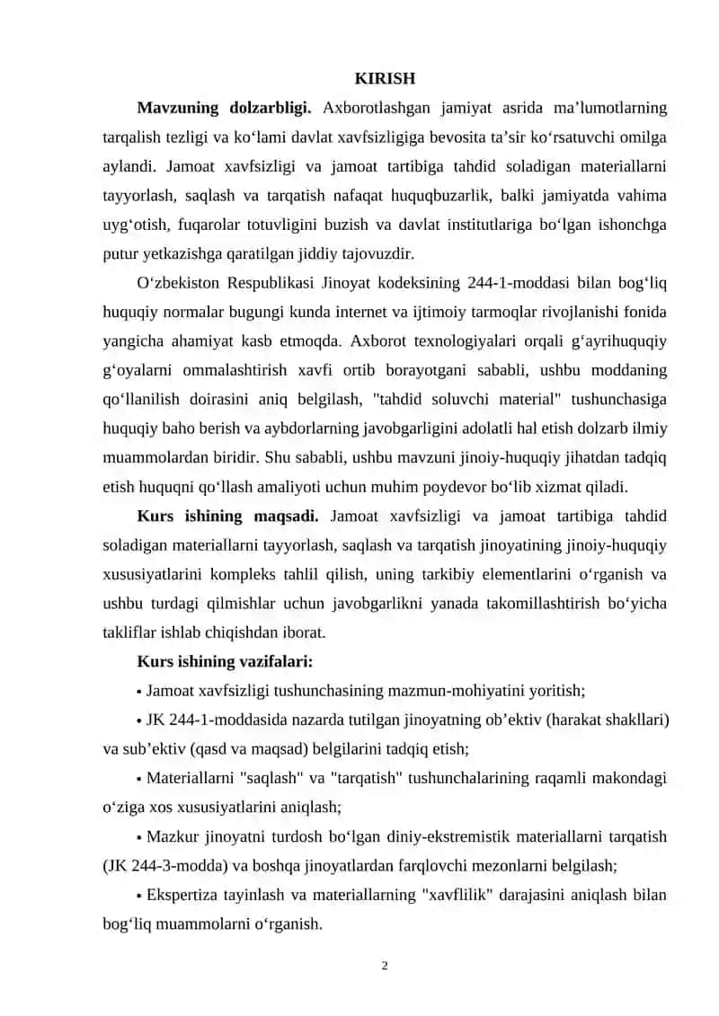 JAMOAT XAVFSIZLIGI VA JAMOAT TARTIBIGA TAHDID SOLADIGAN MATERIALLLARNI TAYYORLASH, SAQLASH, TARQATISH YOKI NAMOYISH ETISHNING JINOIY-HUQUQIY XUSUSIYATLARI 2