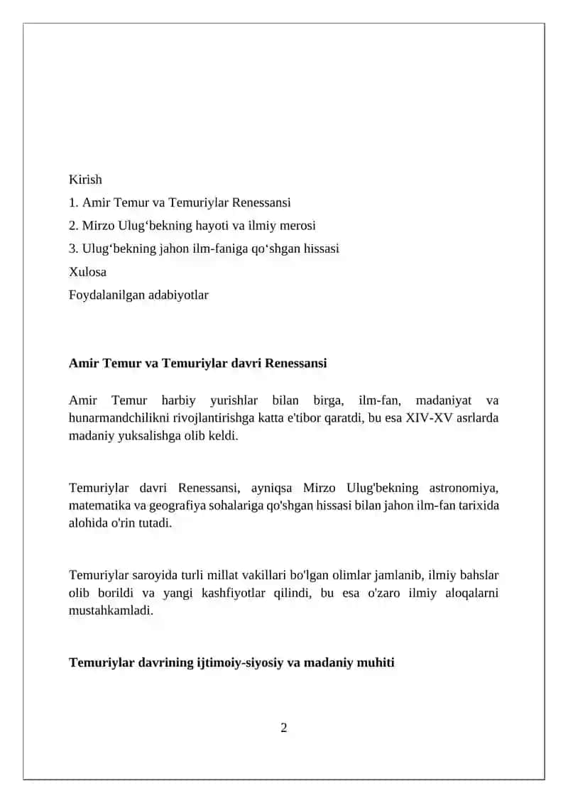 A.Temur va Temuriylar davri renesansi.Mirzo Ulug'bekning jahon ilm-fani rivojida tutgan o'rni 2