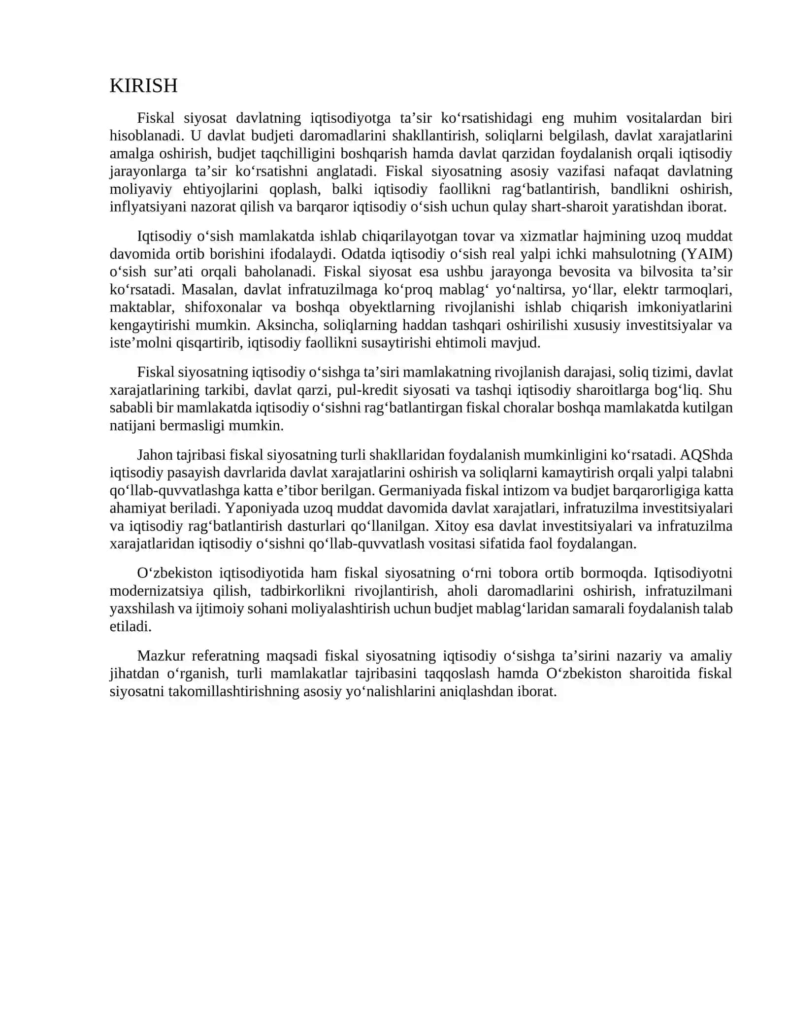 Fiskal siyosatning iqtisodiy o‘sishga ta’sirini mamlakatlar misolida o‘rganish 2