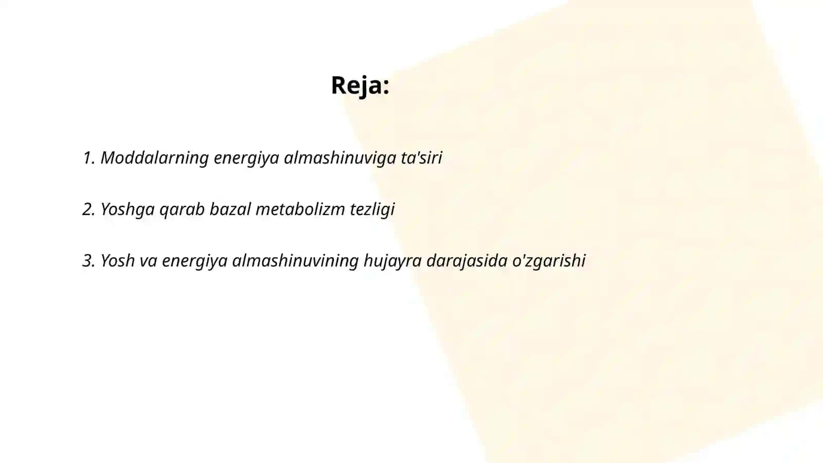 Moddalar va energiya almashinuvi.Ularning yoshga bog'liq xususiyatlari 2