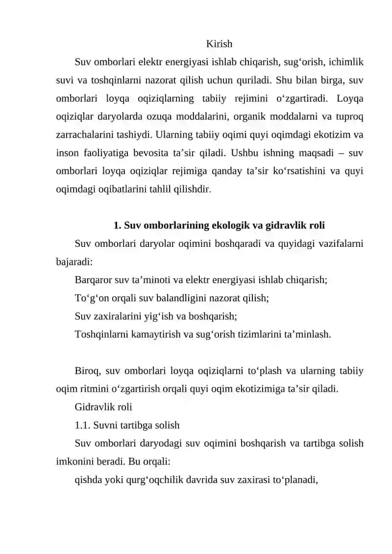 Suv Omborlarining Qurilishi Natijasida Loyqa Oqiziqar Rejimining O‘zgarishi va Uning Quyi Oqimiga Ta’siri 2