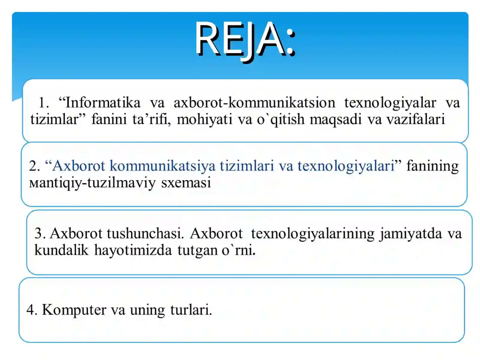 IQTISODIYOTDA AXBOROT-KOMMUNIKATSION TEXNALOGIYALAR VA TIZIMLAR FANIGA KIRISH 2