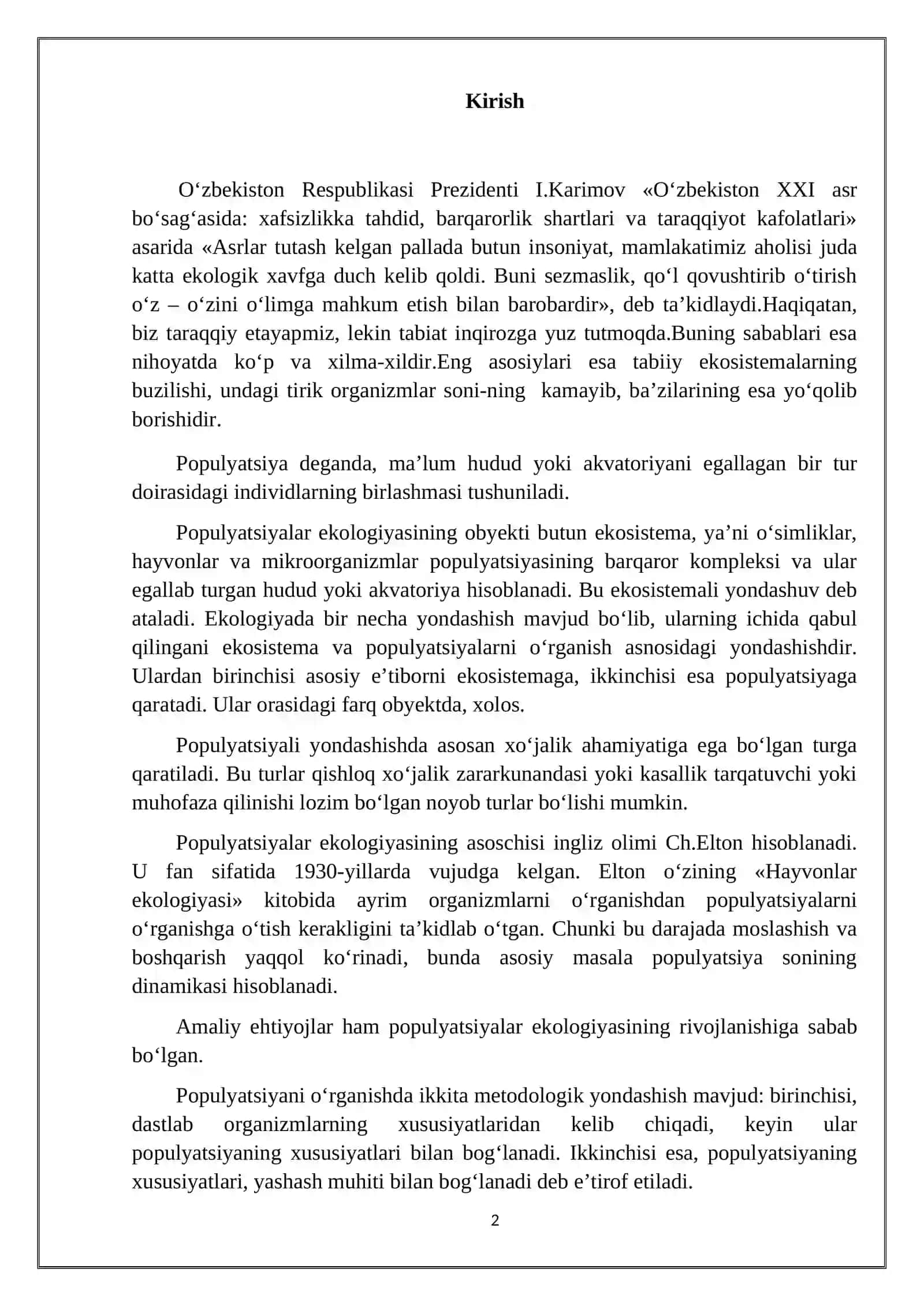 Populyatsiyalarni umumiy tasnifi. Populyatsiyalarning asosiy xususiyatlari 2