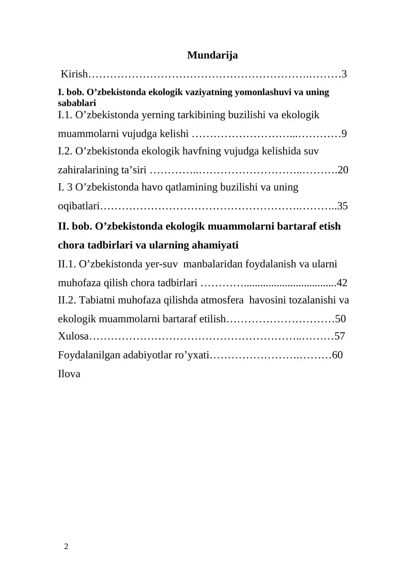 O`zbekistonda ekalogik muommolar va bu to`g`risida hukumatimizning olib borayotgan siyosati 2