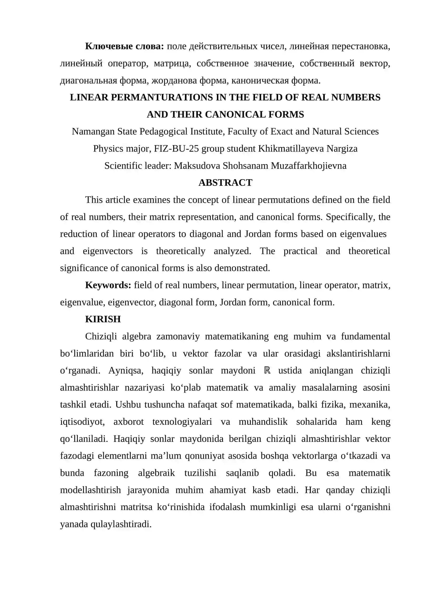 HAQIQIY SONLAR MAYDONIDA BERILGAN CHIZIQLI ALMASHTIRISHLAR VA ULARNING KANONIK SHAKLLARI 2