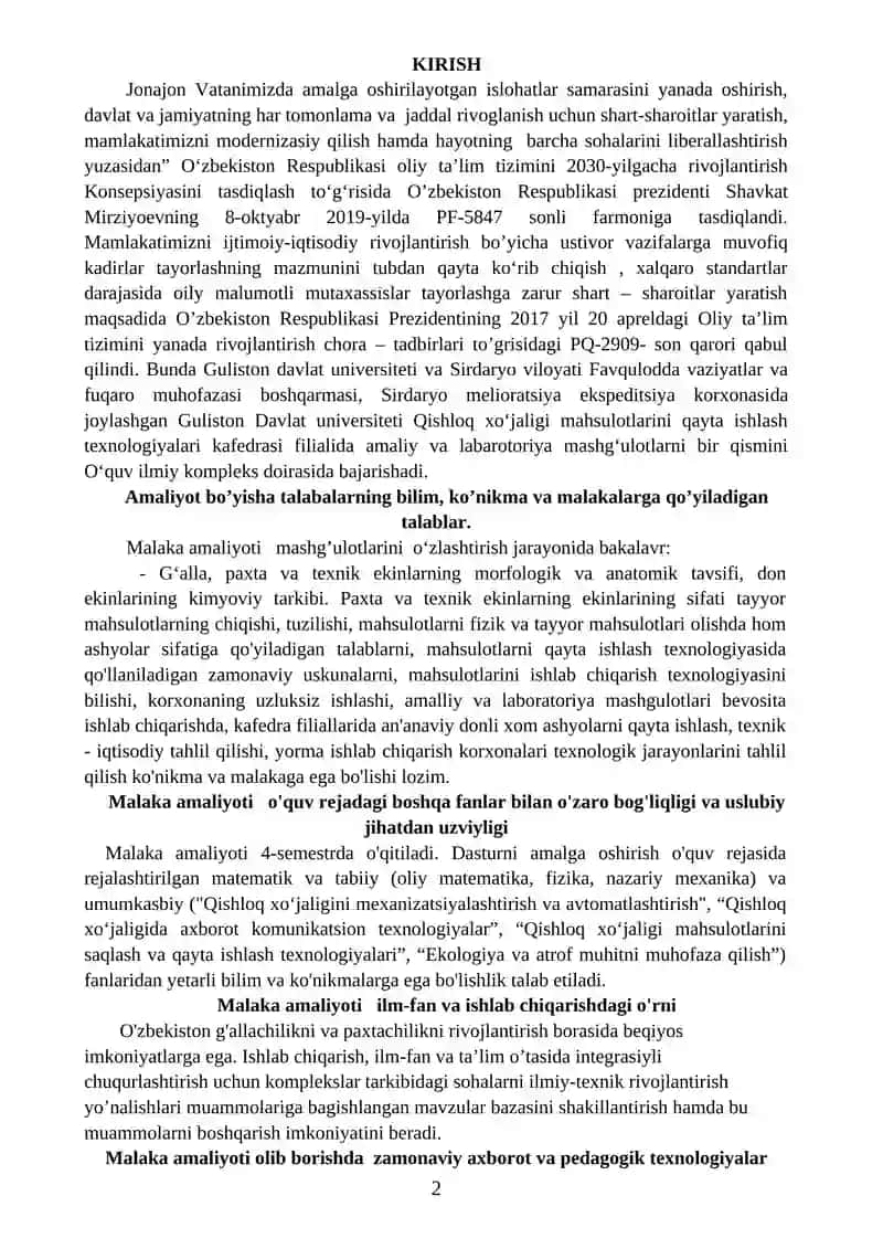 QISHLOQ XO‘JALIGI MAHSULOTLARINI QAYTA ISHLASH TEXNOLOGIYALARI 2