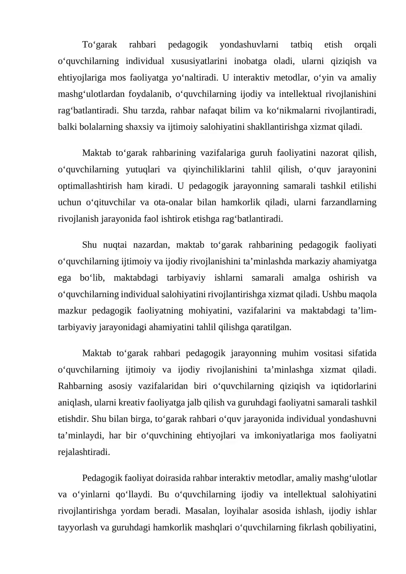 Maktab to‘garak rahbarining pedagogik faoliyati va o‘quvchilarning ijtimoiy va ijodiy rivojlanishi 2