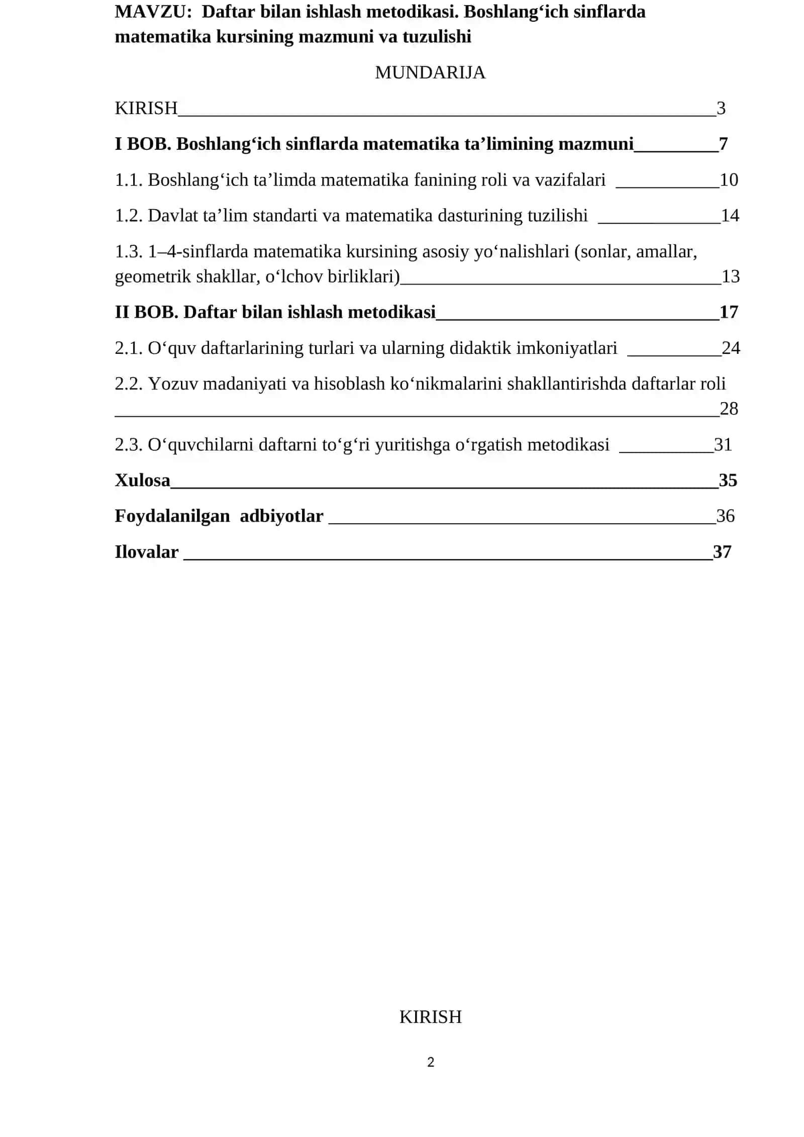 Daftar bilan ishlash metodikasi. Boshlangʻich sinflarda matematika kursining mazmuni va tuzulishi 2