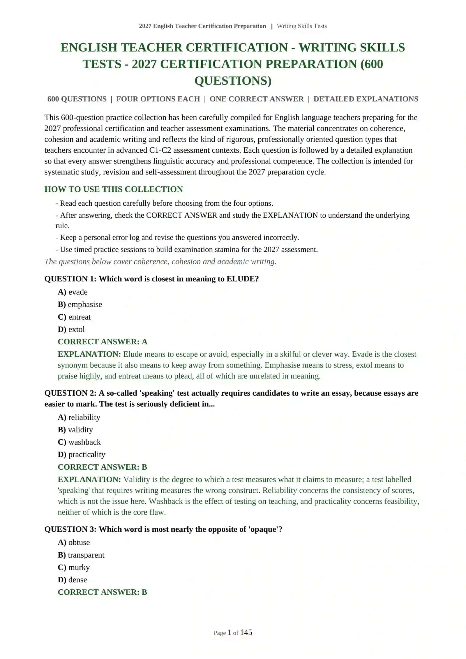 2027 English Teacher Certification Preparation | Writing Skills Tests 2