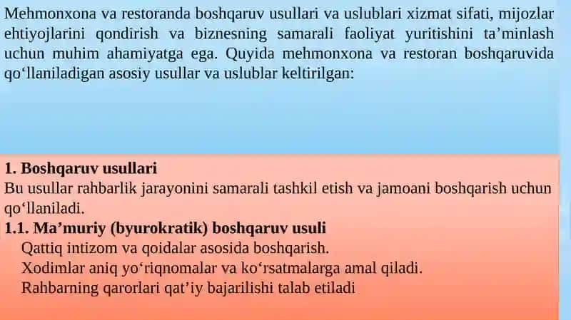 Mehmonxonava Restoranishida boshqaruv usullari vauslublari 2