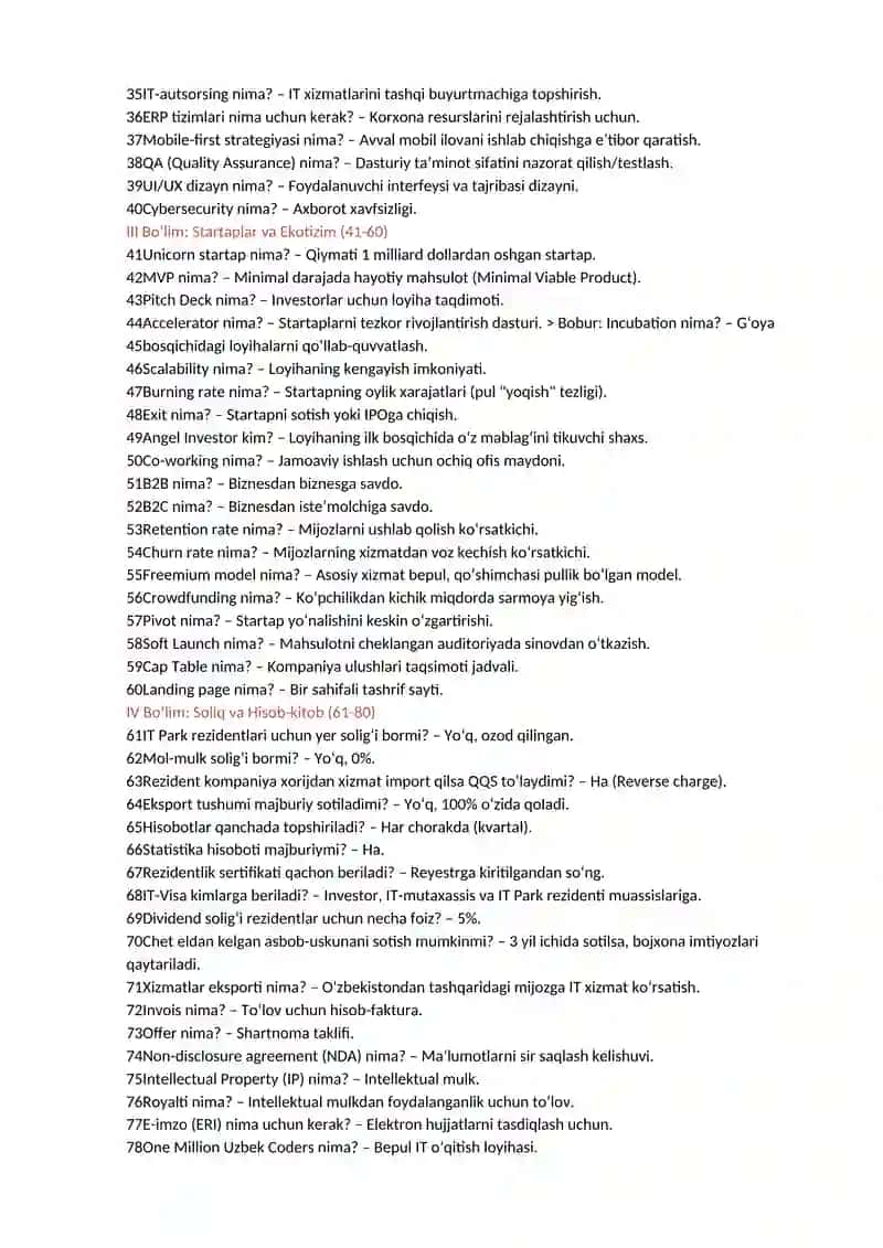 AKT sohasi va IT Park rezidentlari bo‘yicha savol-javoblar to‘plami 2