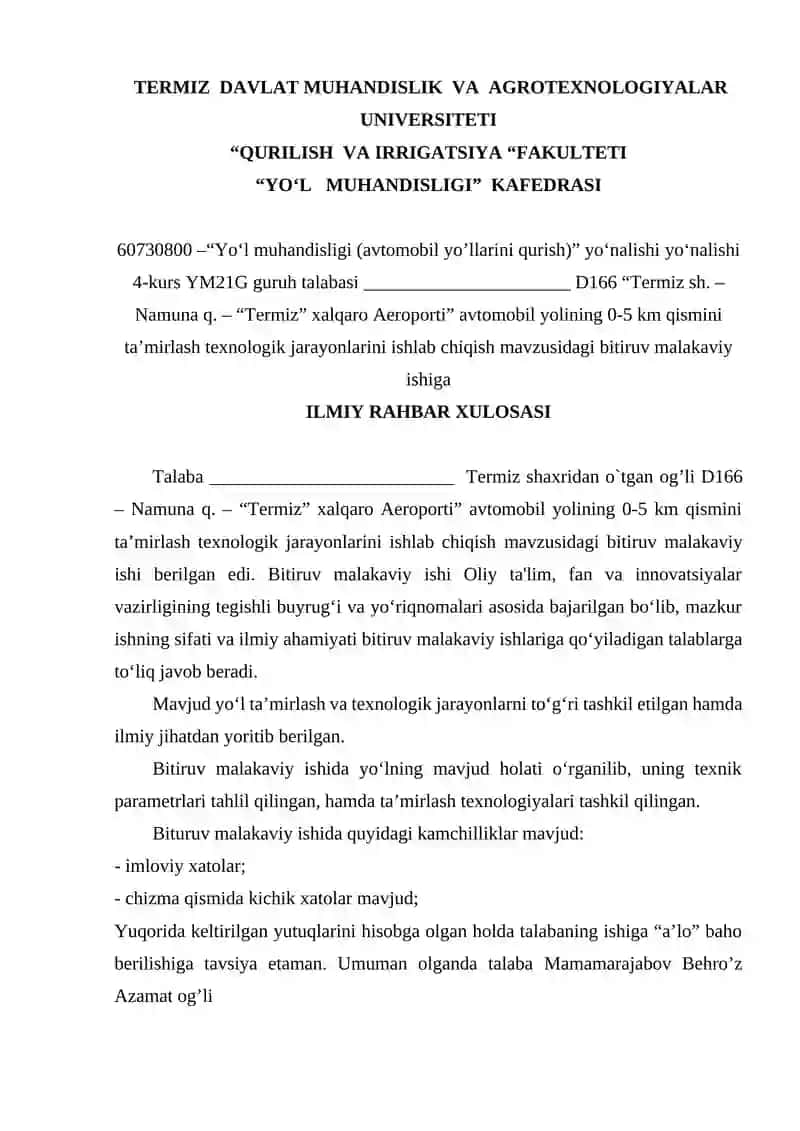 D166 “Termiz shahri”- Namuna q –“Termiz xalqaro Aeroporti” avtomobil yo’lining 0-5 km qismini ta’mirlash texnologik jarayonlarini ishlab chiqish 2
