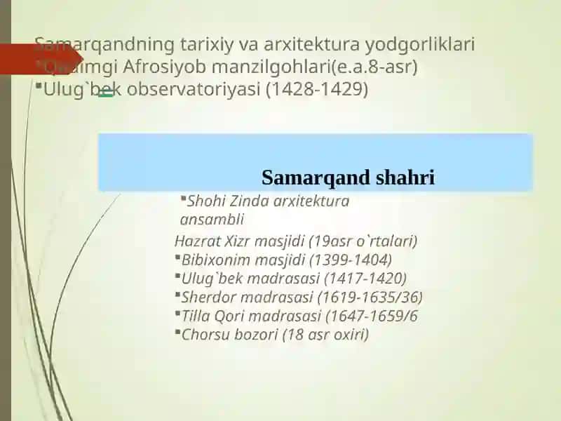 - Tags (comma-separated): Samarqand, O`zbekiston, tarixiy yodgorliklar, Temuriylar, arxitektura, Afrosiyob 2
